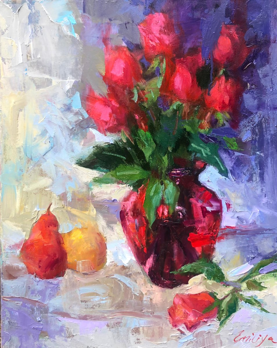 Blooming Red Rose Art, Original Painting, Floral Still Life, Oil On Canvas ,Impressionist... by Emiliya Lane