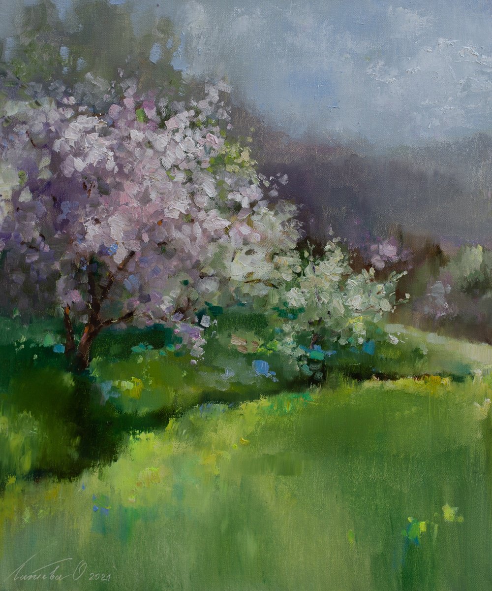 Impressionistic Landscape Oil Painting By Olha Laptieva, 20 X 24", Spring In The Mountains, Original Artwork