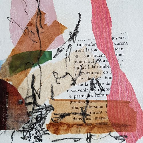 Filigranes de souvenirs - abstract mixed media and collage on paper - small size - orange brown white by Fabienne Monestier
