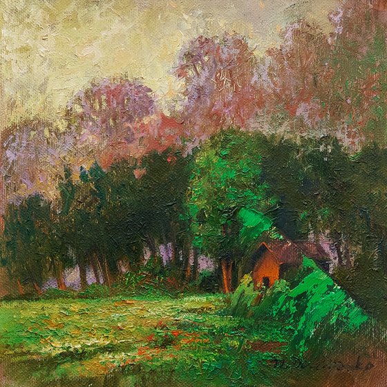 Barn forest landscape art abstract oil painting original 8x8 on canvas