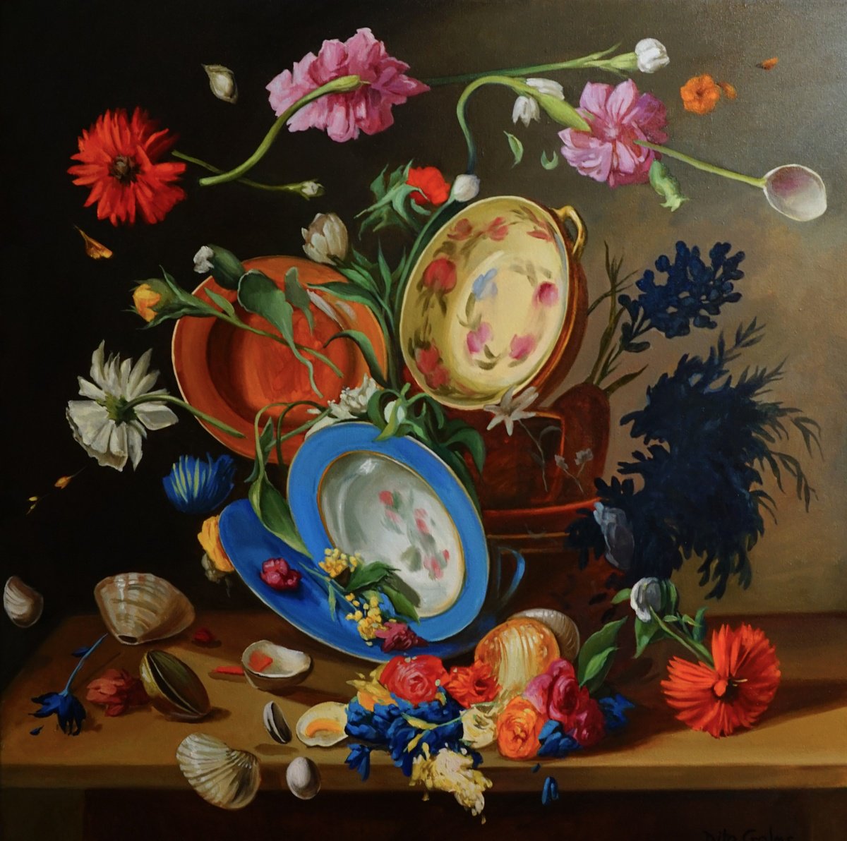 Impressionistic Still Life Oil Painting By Dita Galas, 35 X 35, Floral Chaos 2, Original Artwork