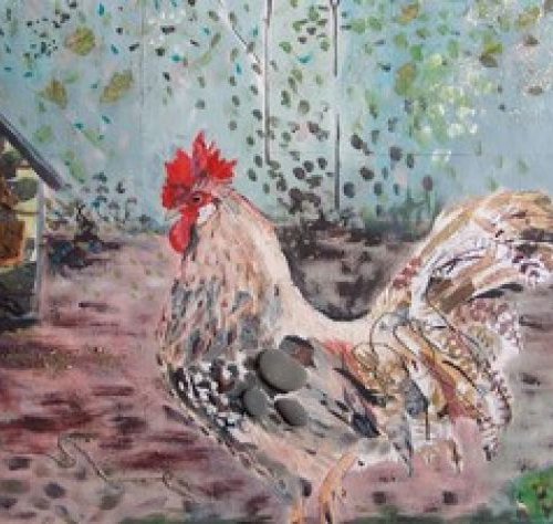Cockerel and hen house by Fiona Plaisted