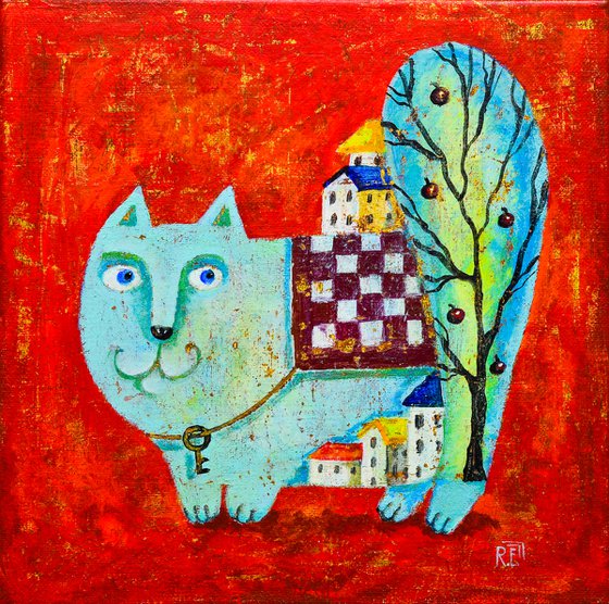 Blue cat on red