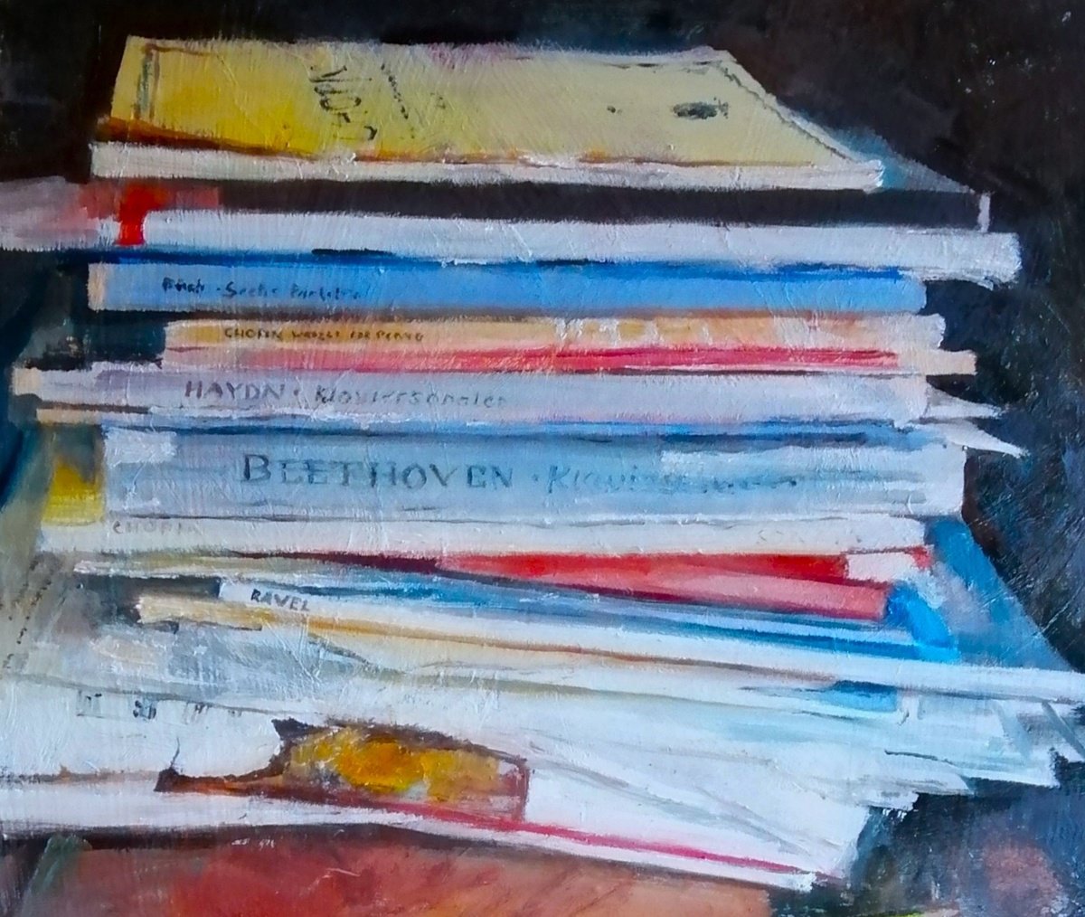 Still Life Oil Painting By Rosemary Burn, 20 X 19", Heavy Sheet Music 2, Original Artwork