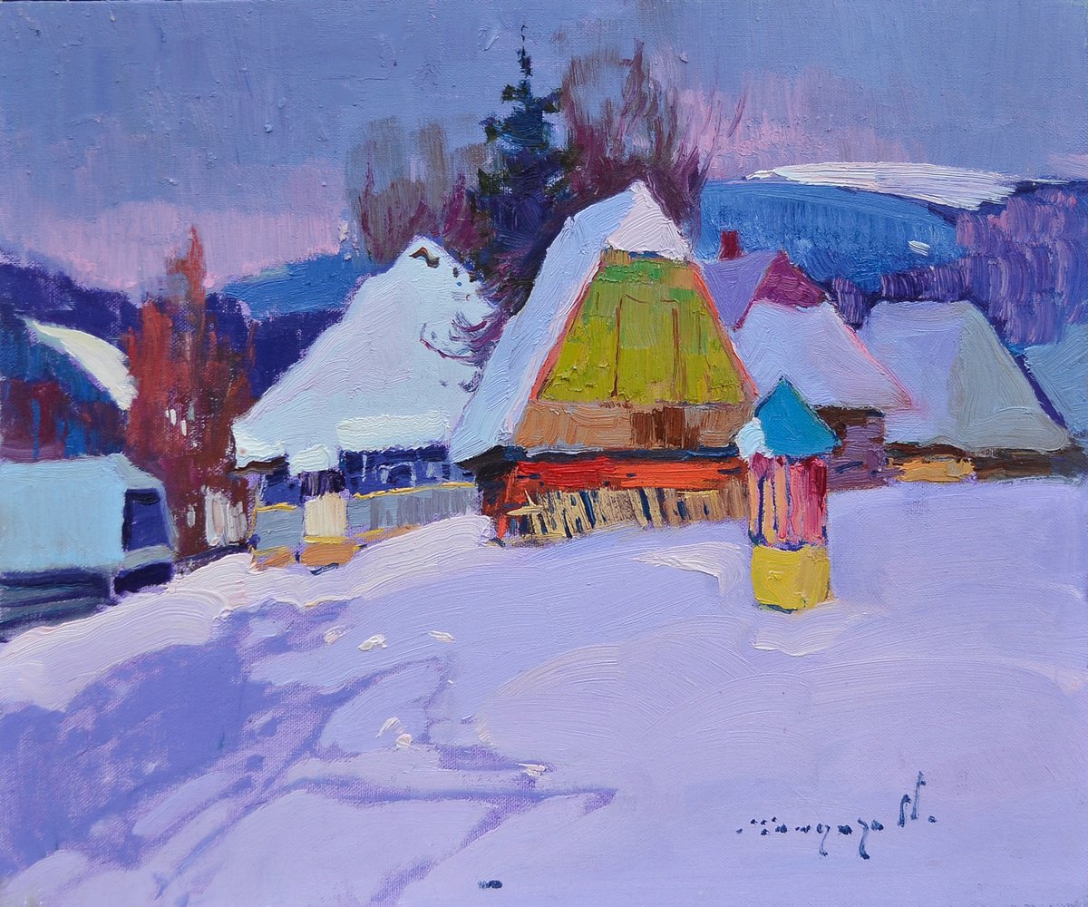 Impressionistic Landscape Oil Painting By Alexander Shandor, 24 X 20, Frosty Evening, Original Artwork