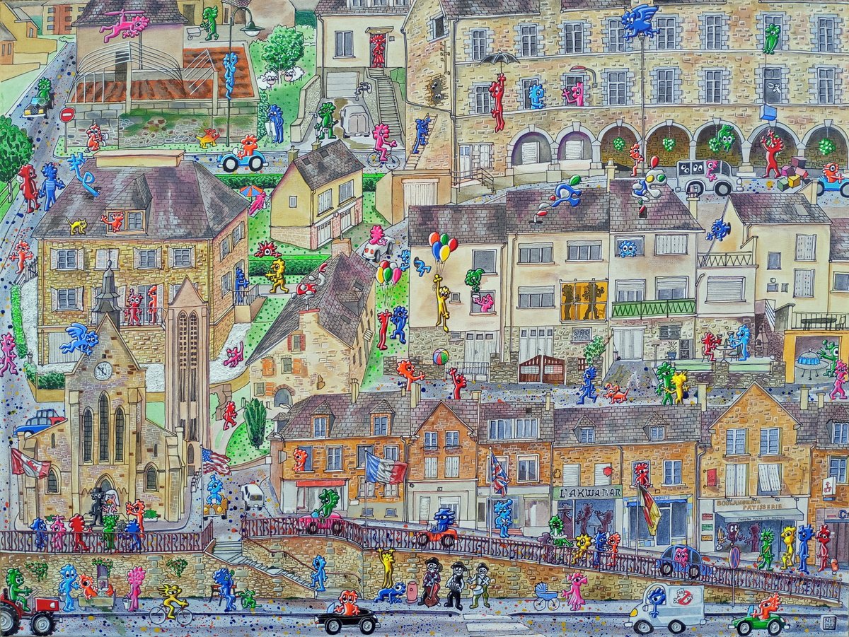 Cartoon Portrait Acrylic Painting By Peter Nagy, 31 X 24", Mortain Bocage Centre Du Bourg, Original Artwork