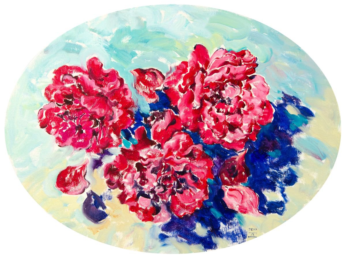 Impressionistic Botanical Oil Painting By Daria Galinski, 16 X 12, Carmine Roses On Oval Canvas, Original Artwork