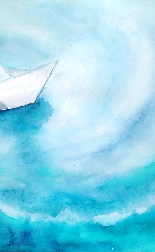 Origami boat watercolor by Yulia Berseneva