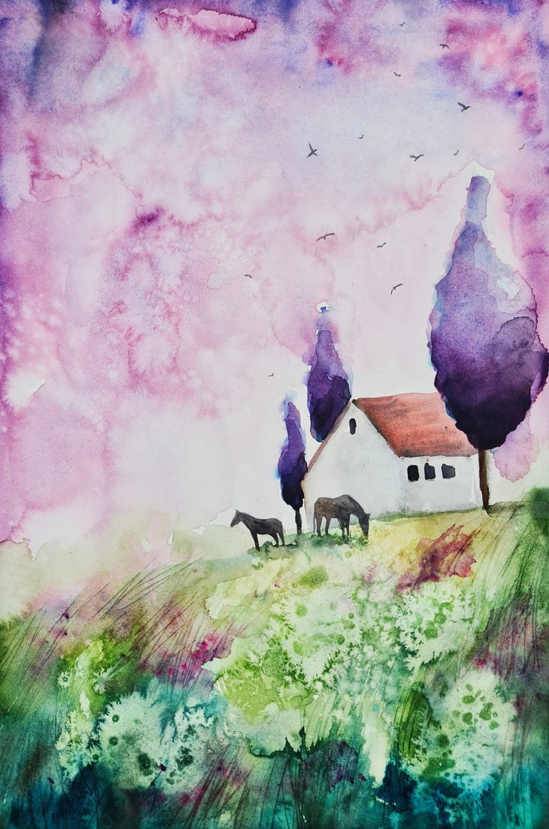 Surrealistic Landscape Watercolour By Evgenia Smirnova, 15 X 22, The House Of Dreams, Original Artwork