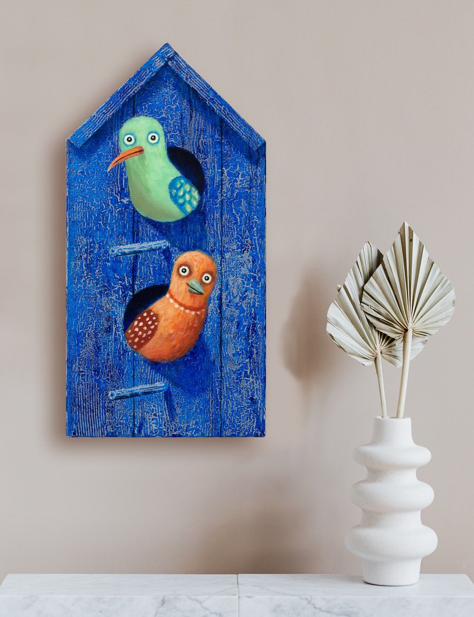 Naive Animal Acrylic Painting By Oleksandr Korol, 10 X 20", Birdhouse #9, Original Artwork