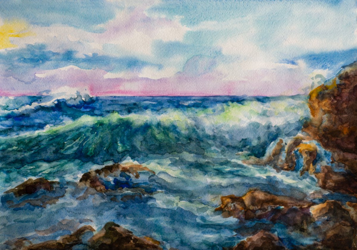 Impressionistic Landscape Watercolour By Galyna Shevchencko, 17 X 12, Seascape 2, Original Artwork