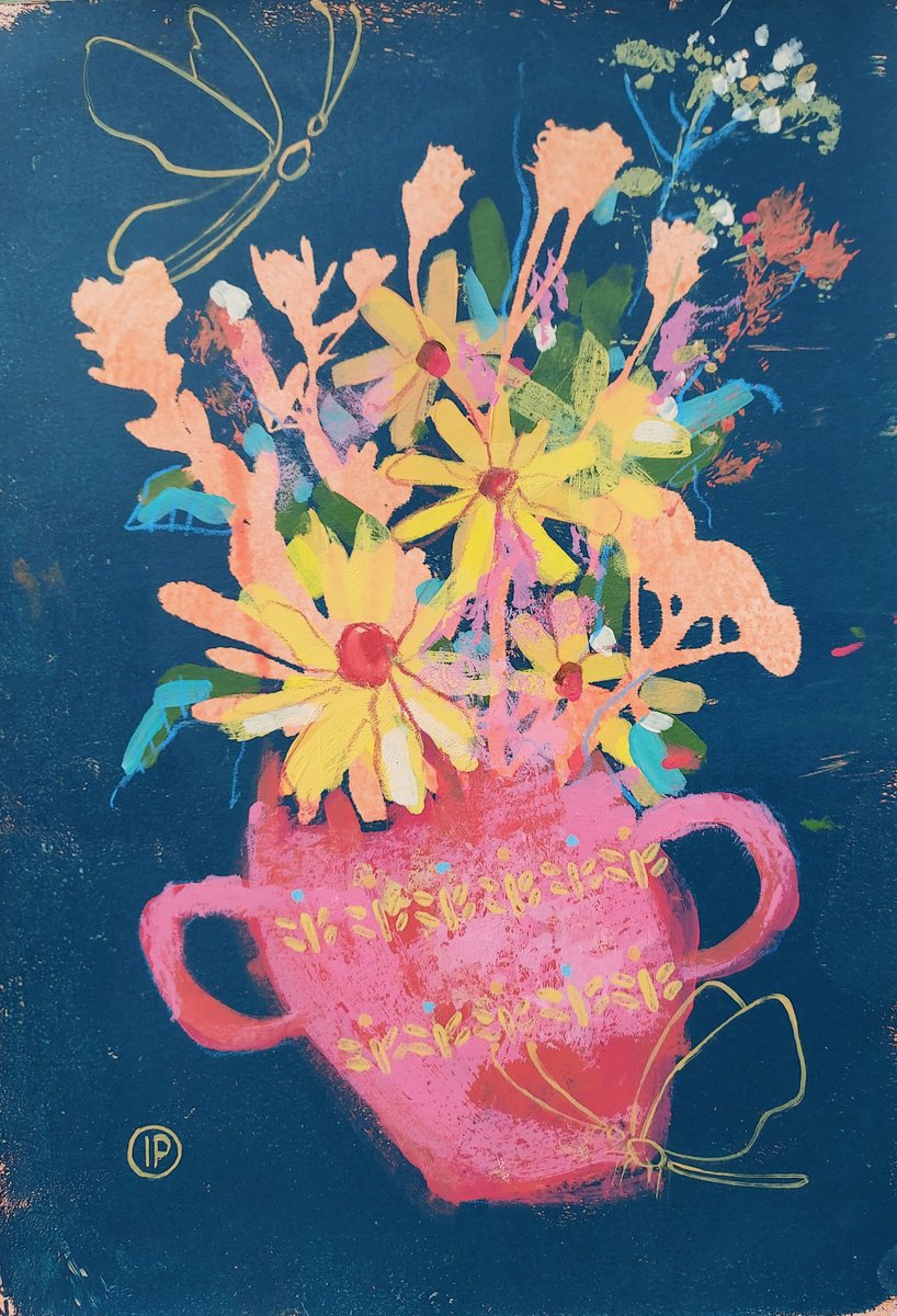 Impressionistic Botanical Painting By Irina Plaksina, 8 X 12, Butterflies And Wildflowers, Original Artwork