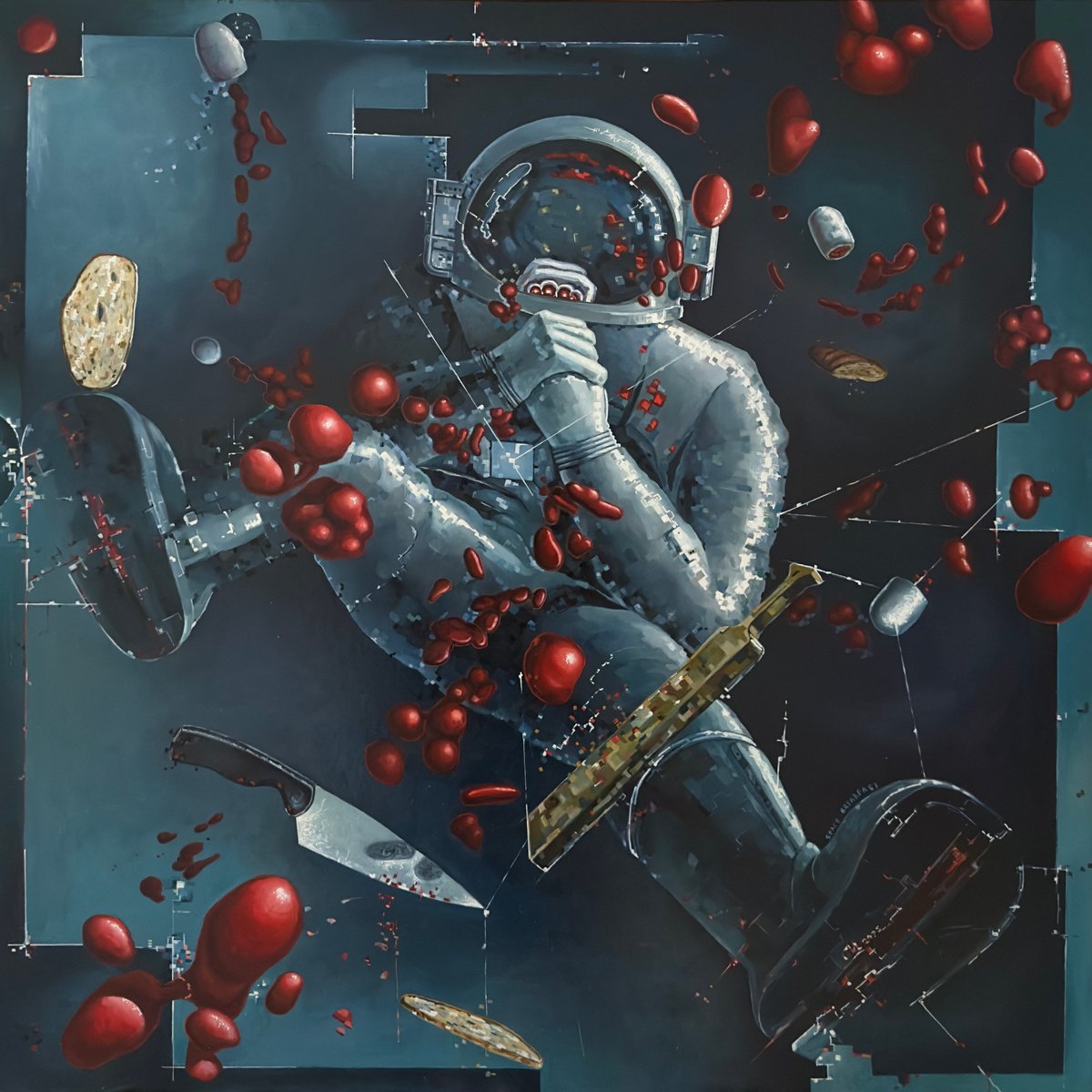 Surrealistic Portrait Oil Painting By Oleg Markov, 39 X 39", Space Breakfast, Original Artwork