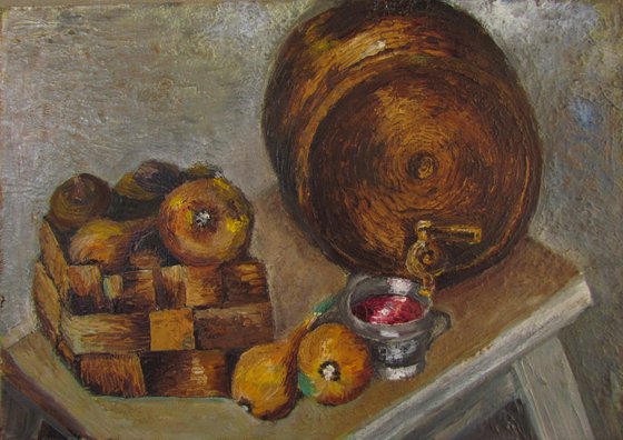 Still life with a barrel of wine