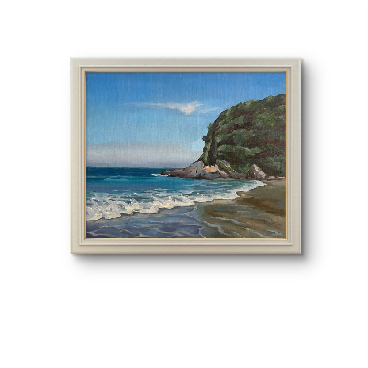 Photorealistic Landscape Oil Painting By Guzel Min, 18 X 15, Island Beach, Original Artwork