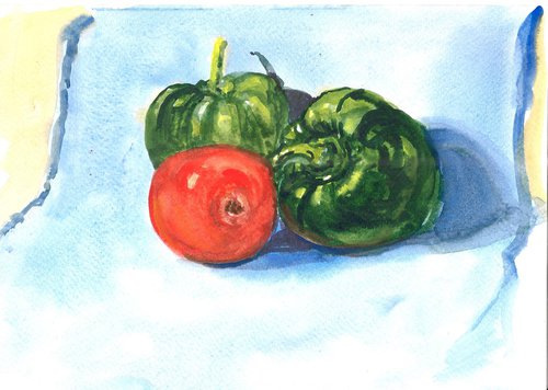 Still life with bell peppers and tomato 2 by Asha Shenoy