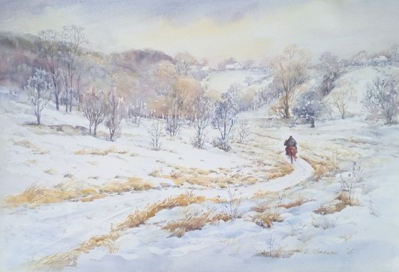 Winter landscape with a horse rider / ORIGINAL watercolor 22x15in (56x38cm)