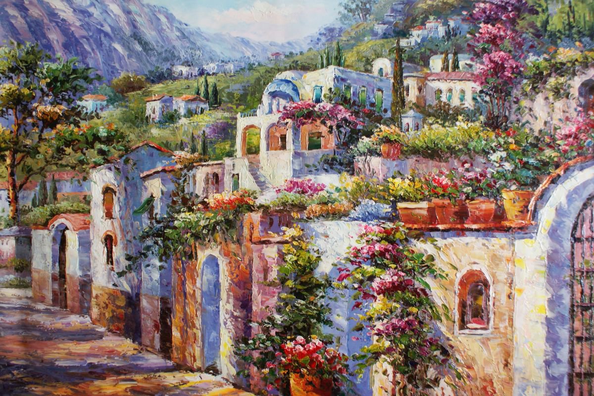 Street of Santorini 2 Oil / canvas. Size 60x90 cm. by Thomas Wu