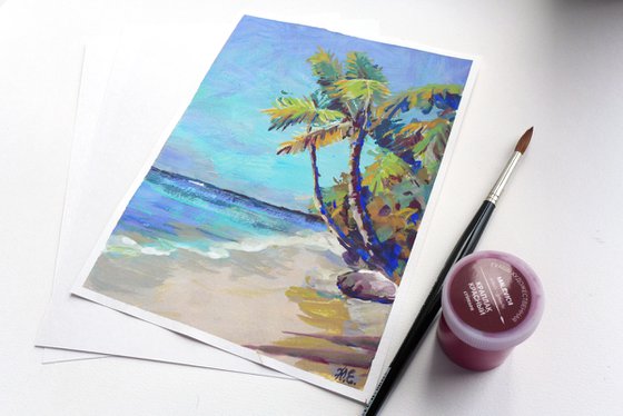 Palm beach, Blue sea and shore, small gouache art