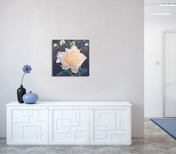 "Sunny rose", white rose painting, floral art