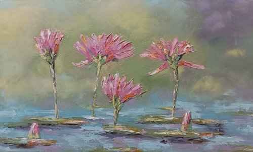Red Lilies water. Flowers in water. Oil on canvas by Marinko Šaric