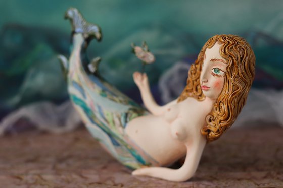 Mermaid with a fish,  Original sculpture by Elya Yalonetski.