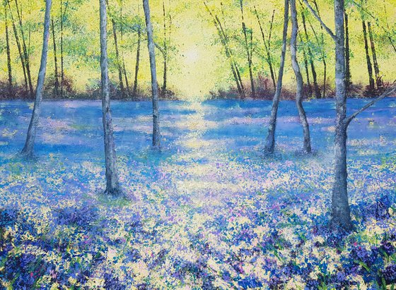 Blue Tranquility (Large Bluebell Woods painting, large trees painting)