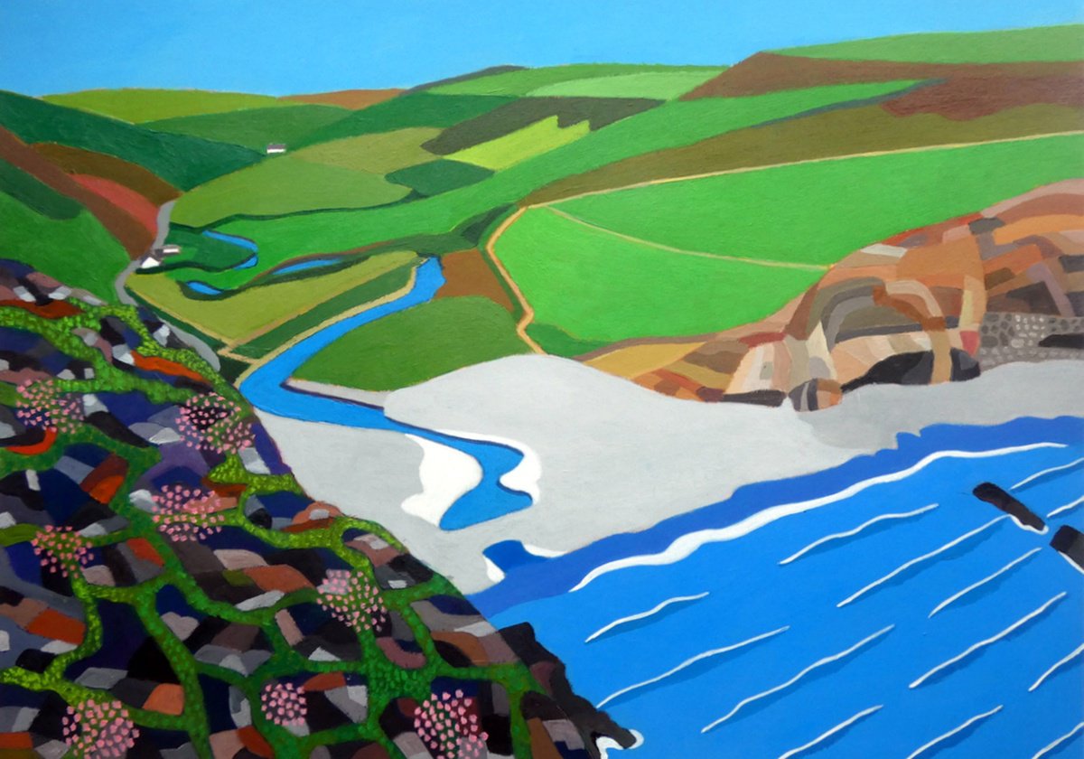 Landscape Acrylic Painting By Tim Treagust, 17 X 12", Duckpool From The Cliff Path, Original Artwork