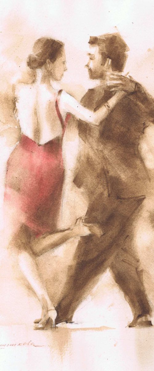 Red dress - Dancing Argentine tango / Original Argentine Tango, Dance in Art, Watercolor Painting,  Artwork by Marina Trushnikova Fine Art by Marina Trushnikova