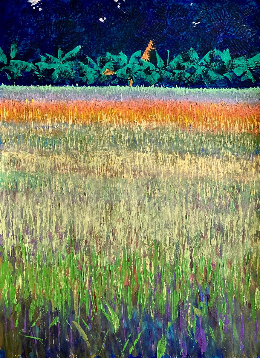 Impressionistic Landscape Acrylic Painting By John Cottee, 22 X 30, Rice, Afternoon, Original Artwork