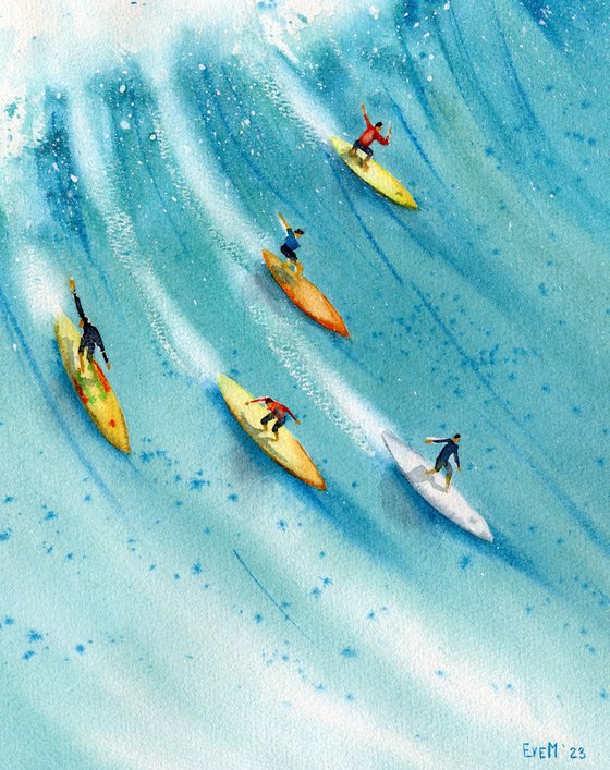 Surfers caught the wave. Bright summer watercolor. Original artwork.