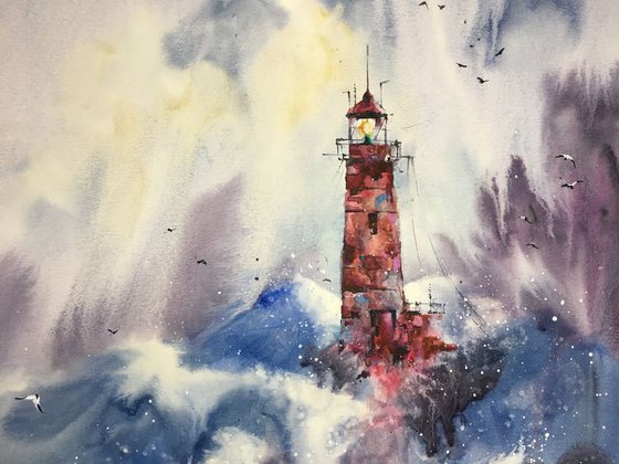 SOLD Watercolor "Sea storm. Red lighthouse”