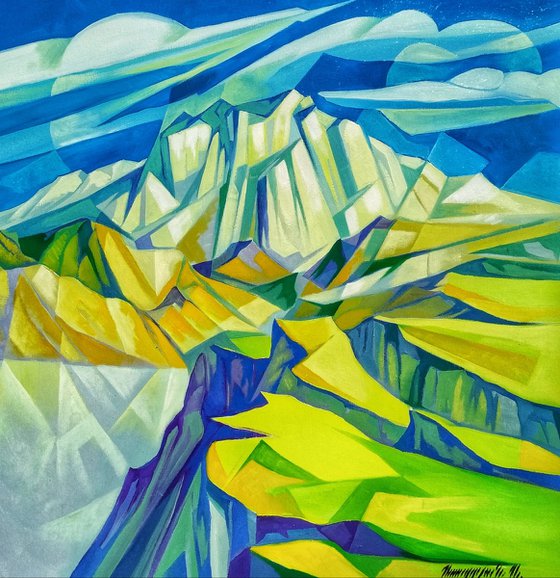 Cubism - Mountains (60x60cm, cubism, oil painting, ready to hang)