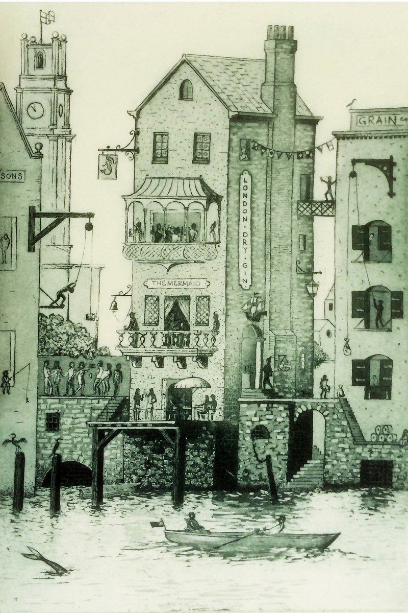 Graphic Cityscapes Etchings & Engravings By Graham Cooke, 13 X 17, The Mermaid, Original Artwork