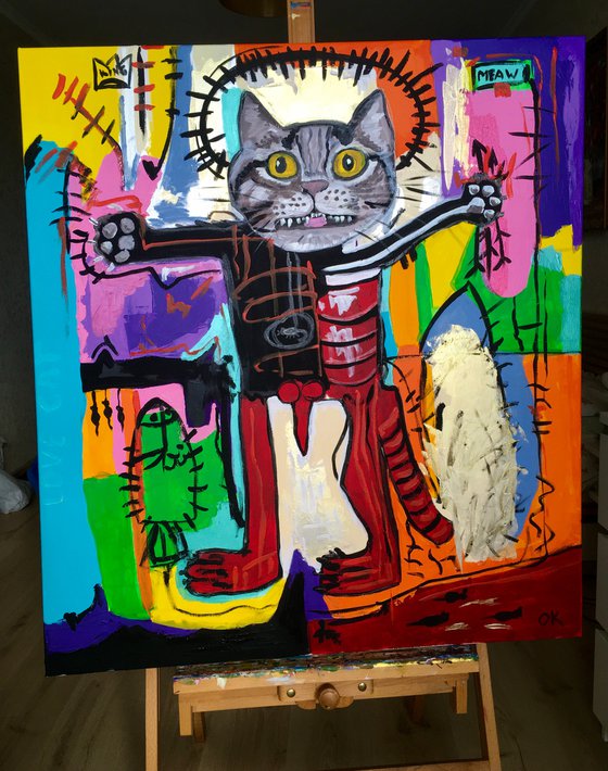 Red Cat Troy King, (102 x 91cm, 40 x 36 inches ) version of painting by Jean-Michel Basquiat  Untitled GLOW IN THE  DARK