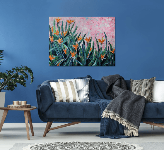 Big original oil painting Flowers Bird of paradise