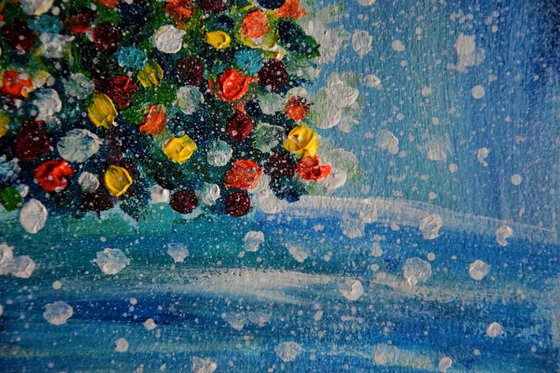 Christmas tree original acrylic painting, New Year pine tree picture, winter snow landscape