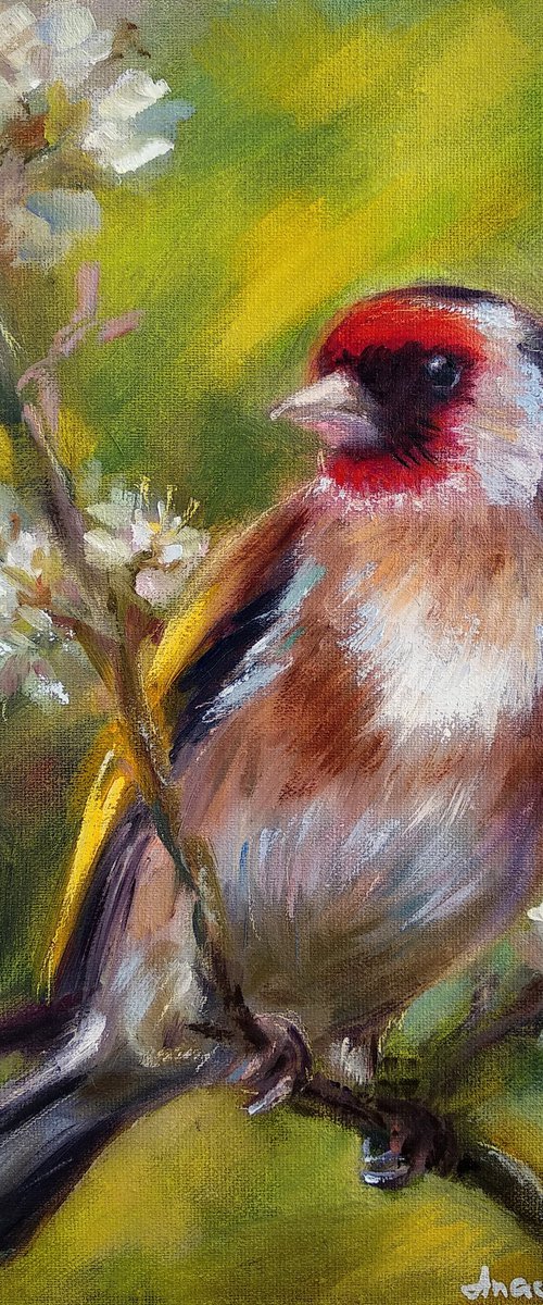 Garden Birds Goldfinch & Blooming Flowers Small Bird Nature Painting Wildlife by Anastasia Art Line