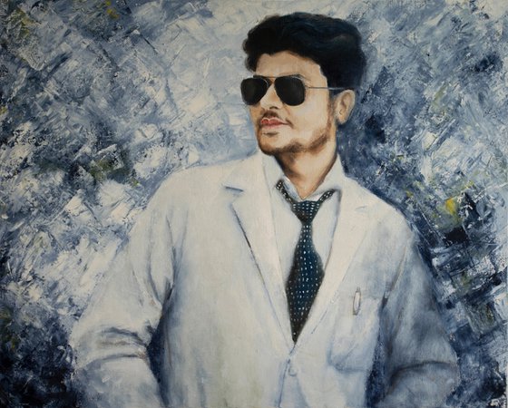 Oil painting on canvas.Student in sunglasses and tie from India.Oil portrait.Oil art