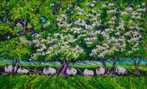Flock of Sheep Under Pear Trees by Liudmila Pisliakova