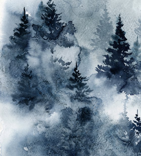 Pine trees forest in blue triptych Original watercolor painting