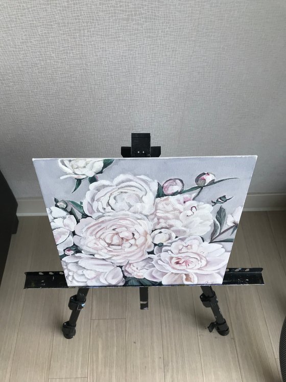 White Peonies oil painting 12x12 inch