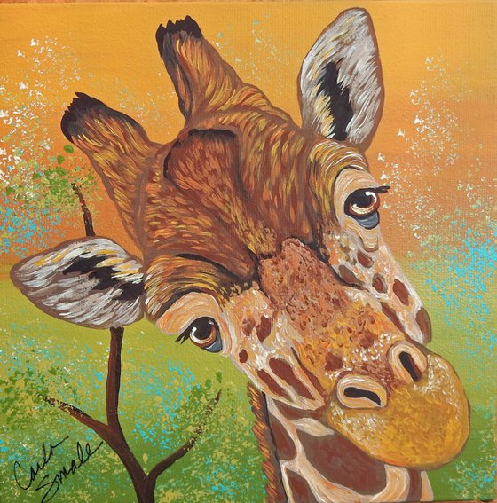 Giraffe Wildlife Original Art Painting-8 x 8 Inches Deep Set Stretched Canvas-Carla Smale