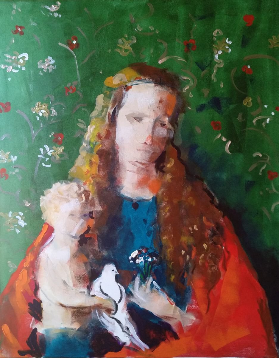 Expressive Portrait Acrylic Painting By Marina Del Pozo, 32 X 39", Green Madonna, Original Artwork