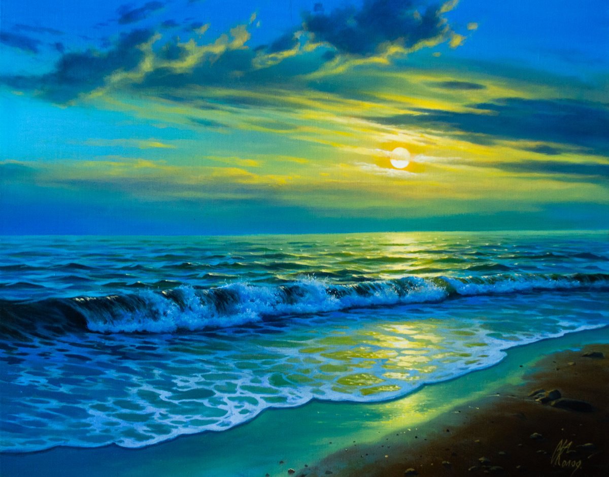 Impressionistic Landscape Oil Painting By Kolodyazhniy Sergey, 20 X 16", Moon Shore, Original Artwork