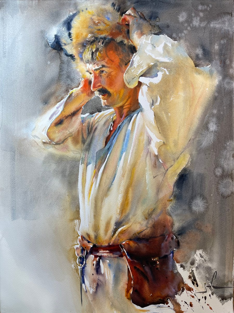 Expressive Portrait Watercolour By Samira Yanushkova, 22 X 30", Cossack Puts On A Hat, Original Artwork