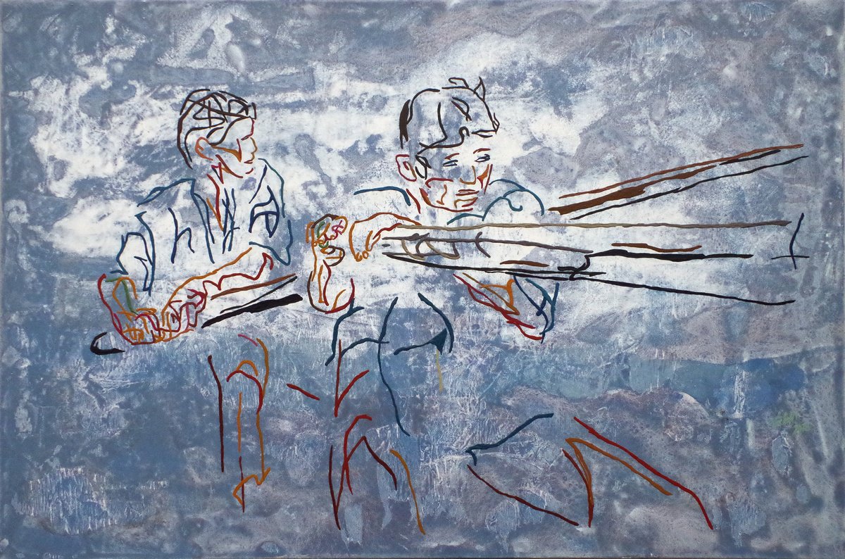 Expressive Portrait Acrylic Painting By Uli Lachelt, 55 X 37", Xx 70 - In A Rowing Boat, Original Artwork