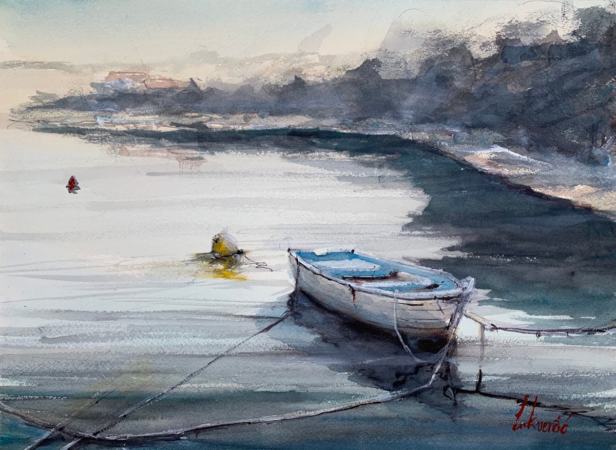 Impressionistic Landscape Watercolour By Tihomir Cirkvencic, 14 X 10", Calm Sea And Old Boat Ii, Original Artwork