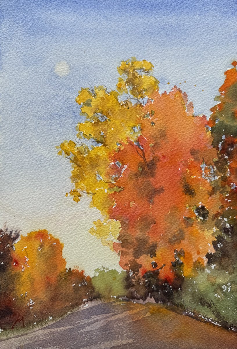 Impressionistic Landscape Watercolour By Shelly Du, 8 X 12", New Jersey Autumn Colour, Original Artwork