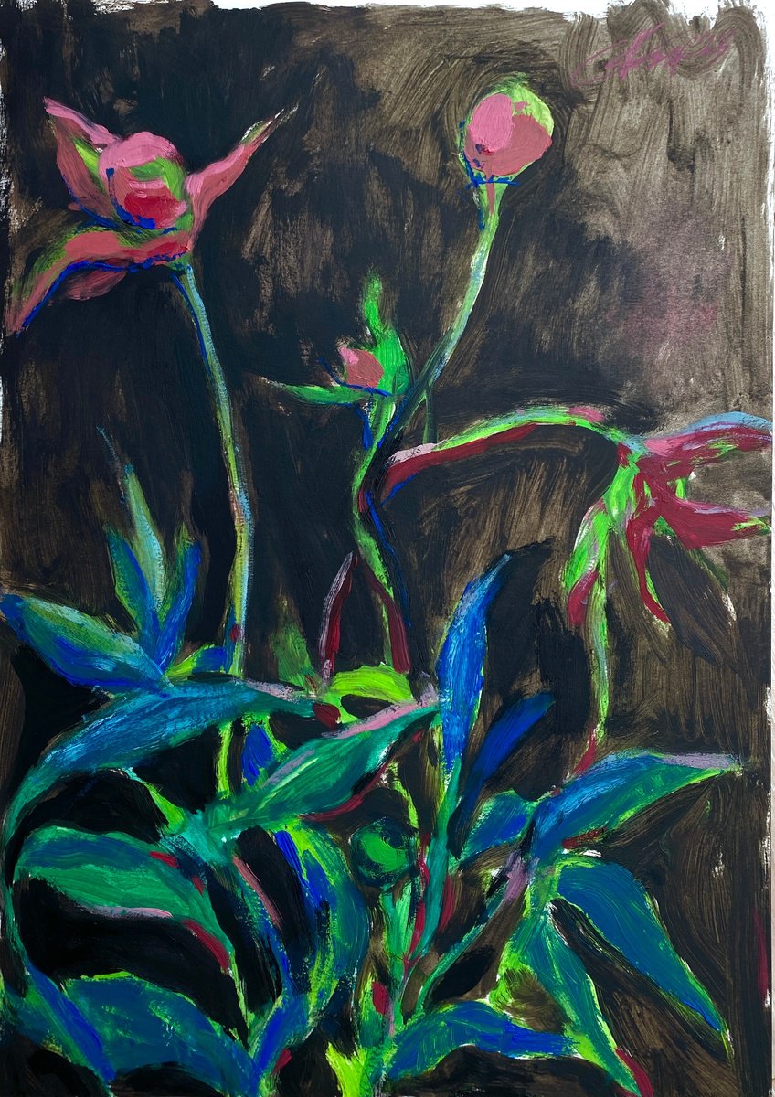Flowers of Darkness - oil painting, oil on paper, flowers art, green flowers painting, f... by Ksenia Kozhakhanova